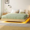 Tatub Natural Queen Floating Bed Frame with LED Lights, Modern Fluted Oak Platform Bed Frame Floating, Heavy Duty Metal Slats, N