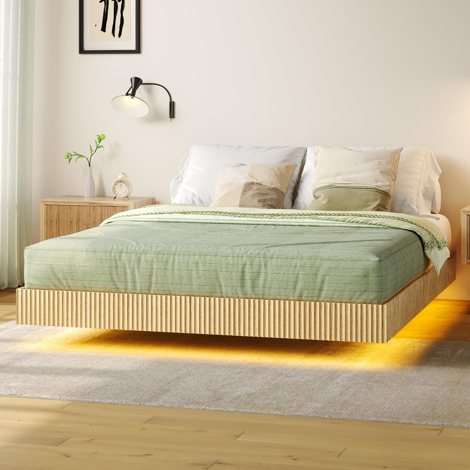 Tatub Natural Queen Floating Bed Frame with LED Lights, Modern Fluted Oak Platform Bed Frame Floating, Heavy Duty Metal Slats, N