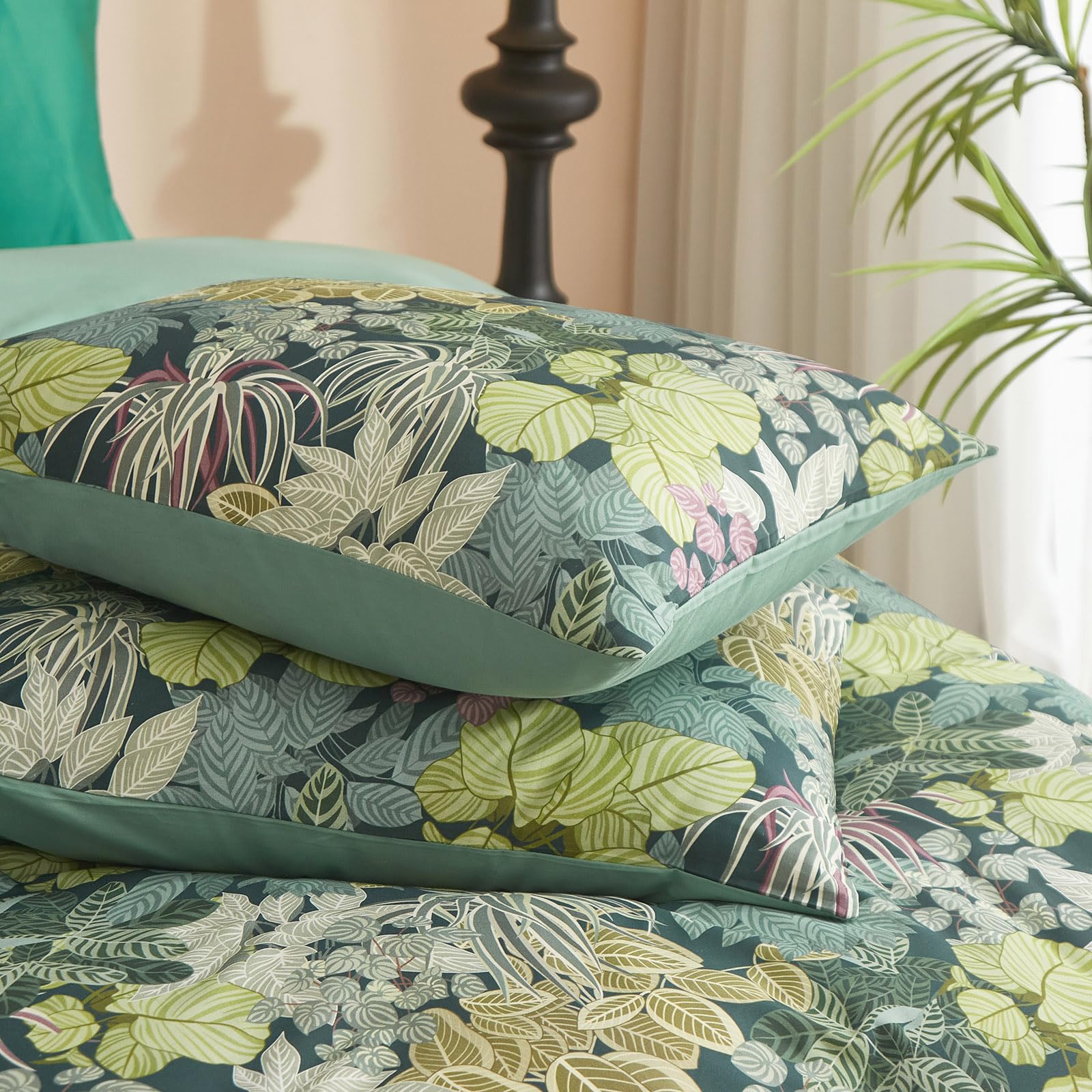 Mixinni Tropical Multicolored Leaves Print Duvet Cover 2 Pillowcases Botanical King Size Floral Duvet Cover Set Soft Cotton Bedd