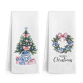 Gnmduw Chinoiserie Christmas Tree Wreath Kitchen Towels, Pink and Blue Christmas Decorative Hand Towels Set of 2,Winter Pink Bow