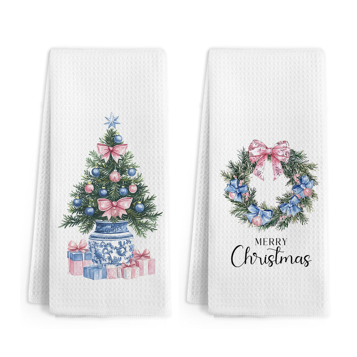 Gnmduw Chinoiserie Christmas Tree Wreath Kitchen Towels, Pink and Blue Christmas Decorative Hand Towels Set of 2,Winter Pink Bow