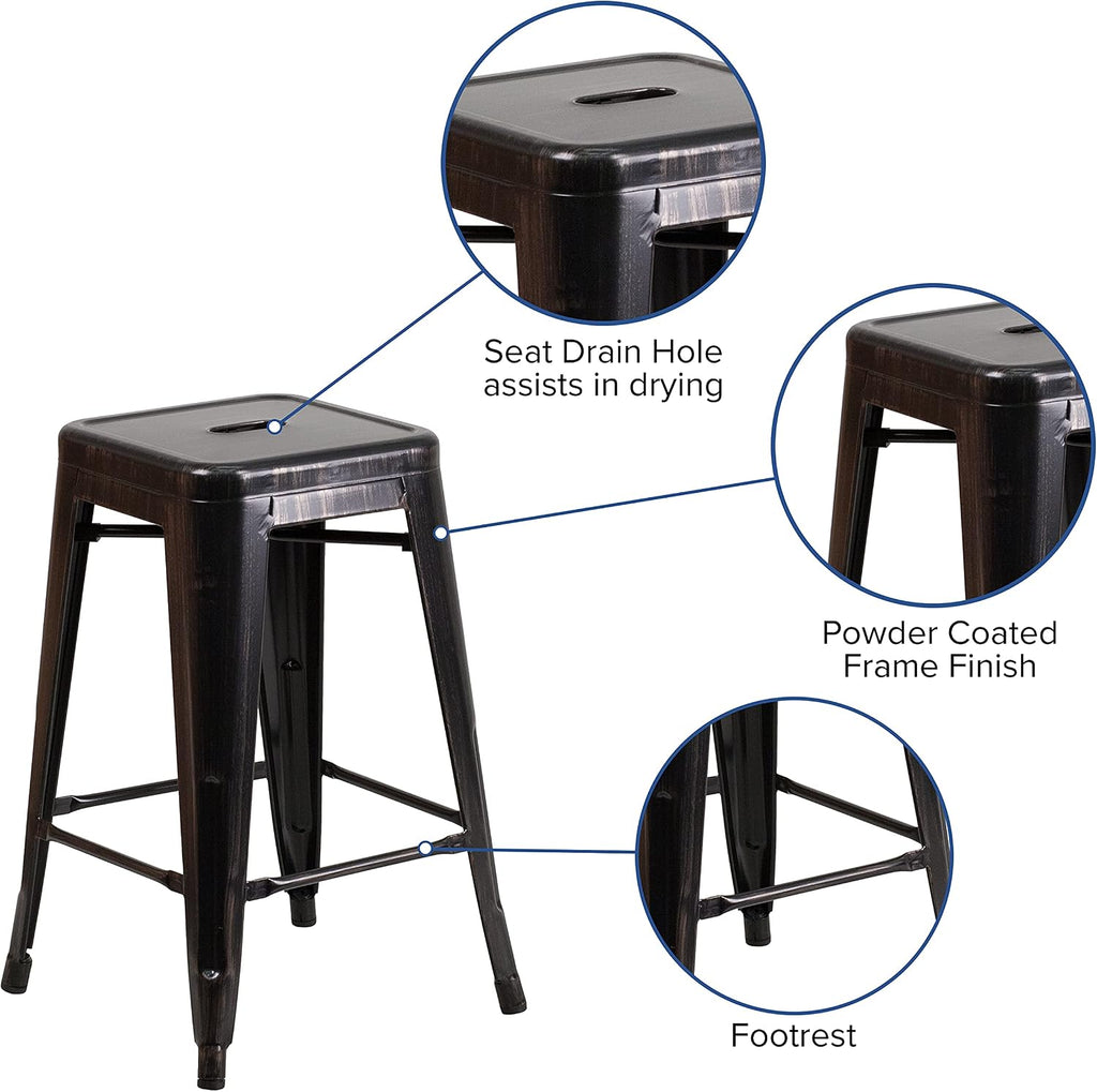 Commercial Grade 24 High Backless Black-Antique Gold Metal Indoor-Outdoor Counter Height Stool with Square Seat