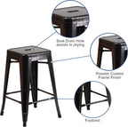 Commercial Grade 24 High Backless Black-Antique Gold Metal Indoor-Outdoor Counter Height Stool with Square Seat