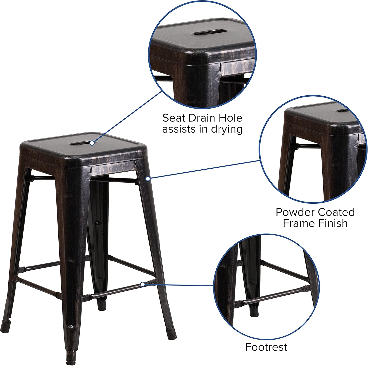 Commercial Grade 24 High Backless Black-Antique Gold Metal Indoor-Outdoor Counter Height Stool with Square Seat