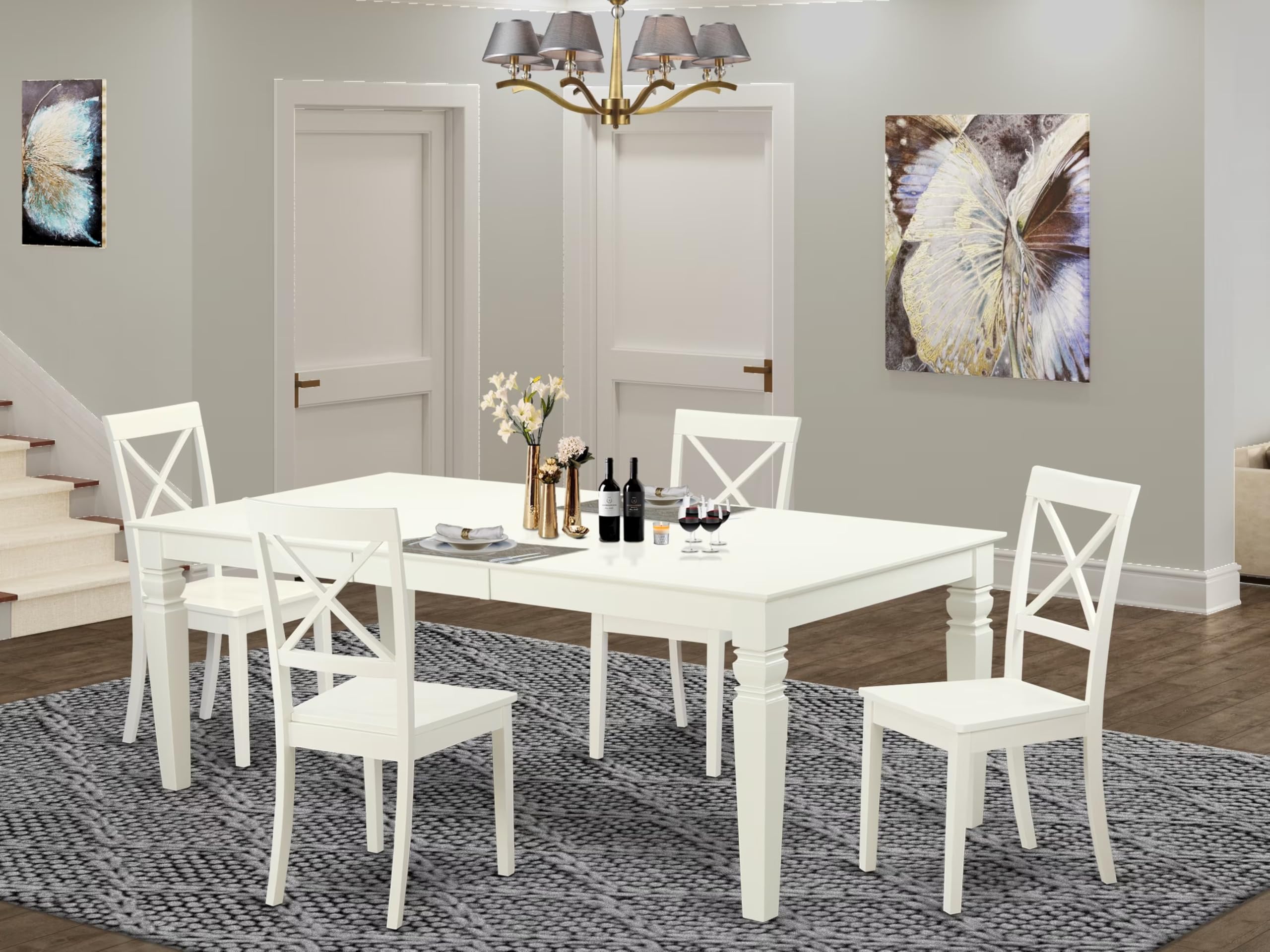 East West Furniture LGBO5-LWH-W 5 Piece Modern Dining Table Set Includes a Rectangle Wooden Table with Butterfly Leaf and 4 Kitchen Dining Chairs, 42x84 Inch, Linen White