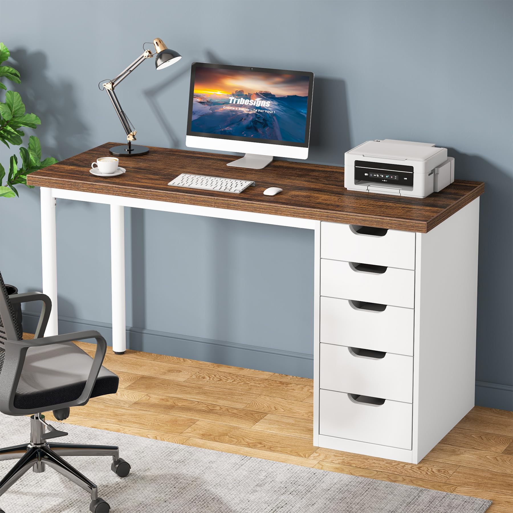 Tribesigns Computer Desk with 5 Drawers, 47 inches Rustic Brown Home Office Desk with Storage, Modern Simple Laptop Desk Study W