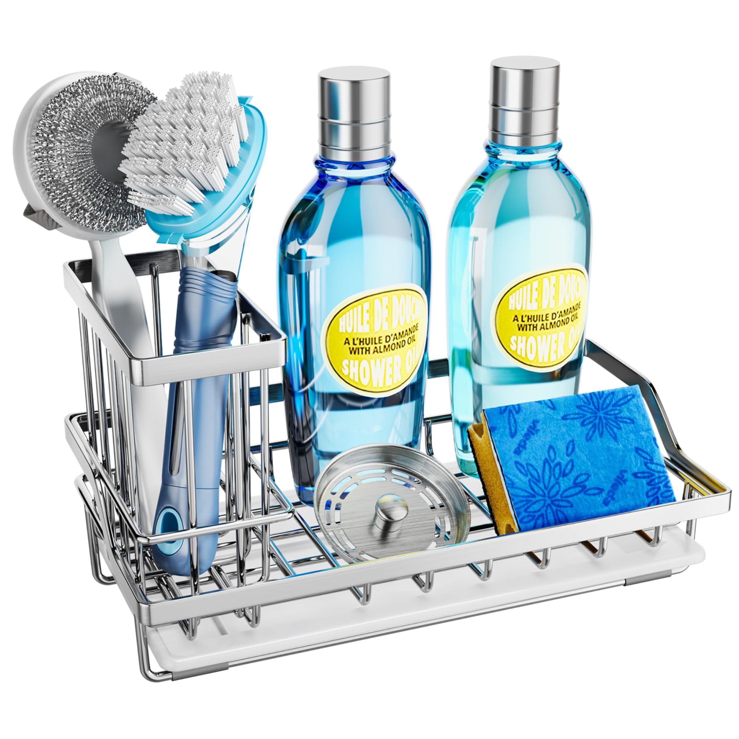 Swtymiki Multifunctional Kitchen Sink Caddy - Large Sponge Holder For Kitchen Sink With Removable Brush Holder + Drip Tray, Silv