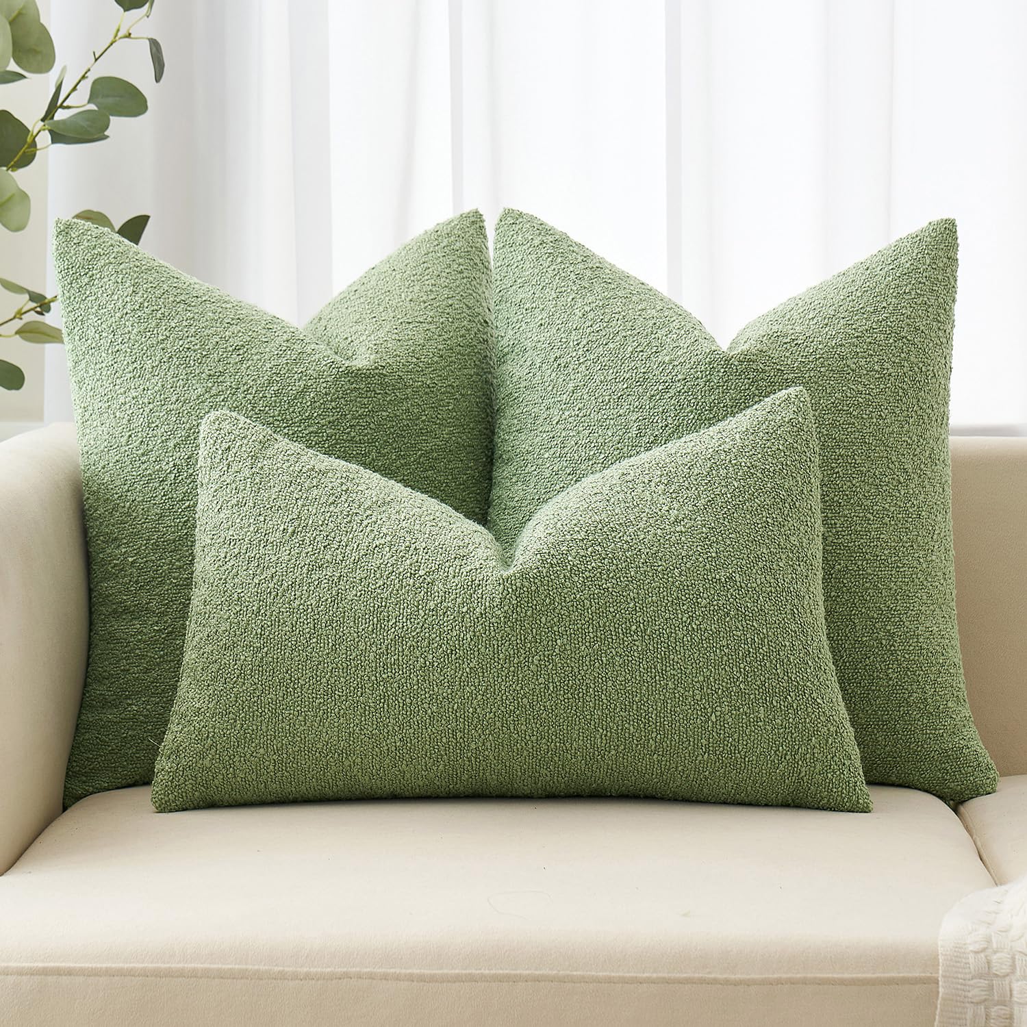 Miulee Set Of 2 Sage Green Throw Pillow Covers 18X18 Inch Decorative Couch Pillow Covers Textured Boucle Accent Solid Spring Pillow Cases Soft For Cushion Chair Sofa Bedroom Livingroom Home Decor