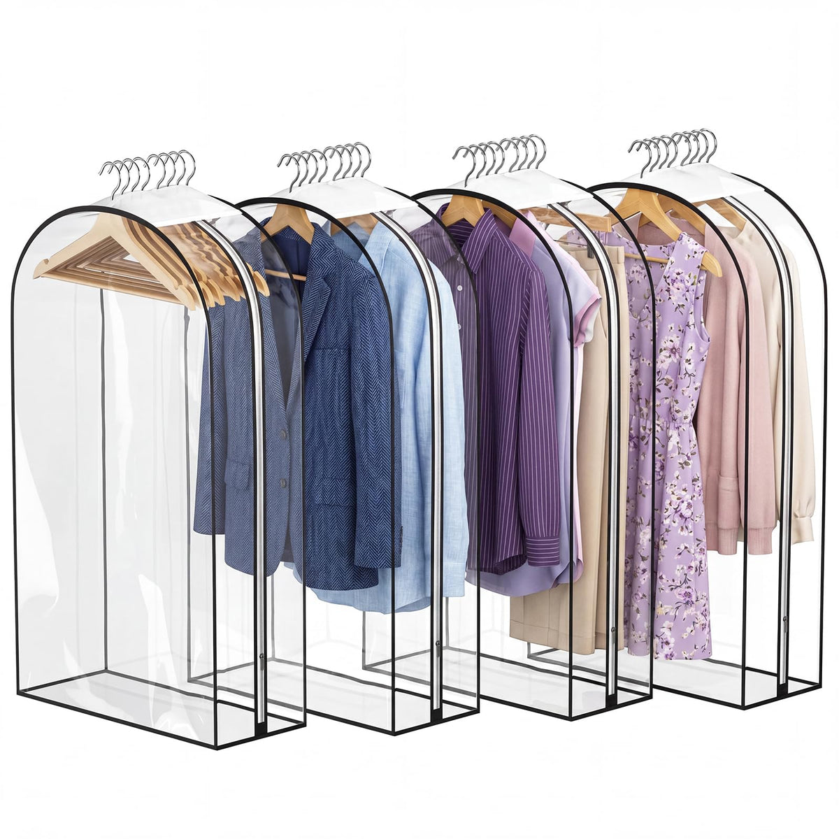 4 Pack Clear Garment Bags, 40 With 10 Gusset, Side Zipper