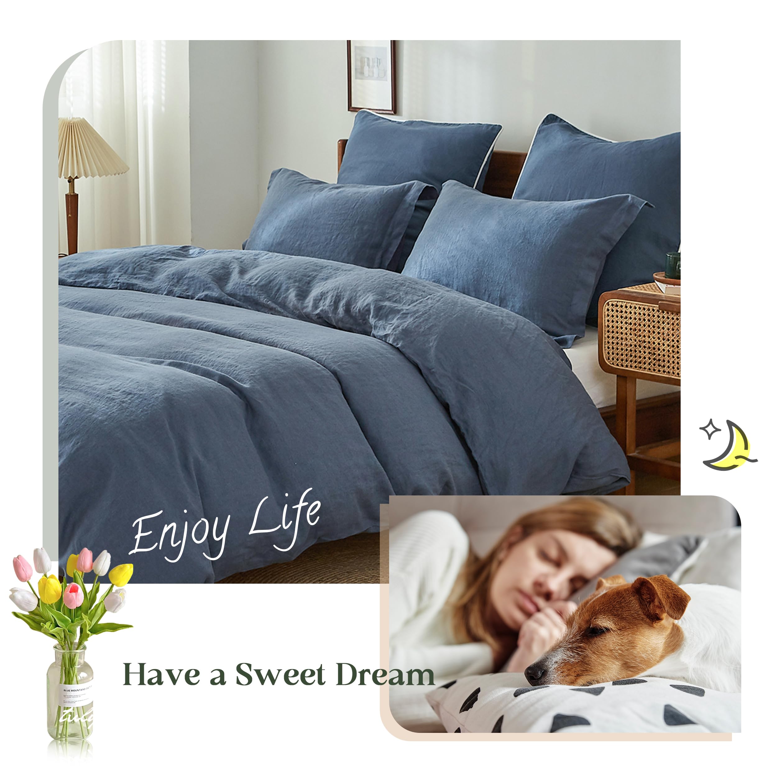 Simple&Opulence 100% Linen Duvet Cover Set, 3 Pcs Pure Natural French Flax Classic Blue Duvet Cover Queen Size, Breathable Soft
