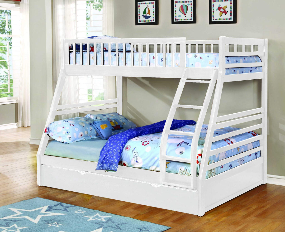 78'.75' X 42'.5-57'.25' X 65' White Manufactured Wood and Solid Wood Twin/Full Bunk Bed with Matching Trundle