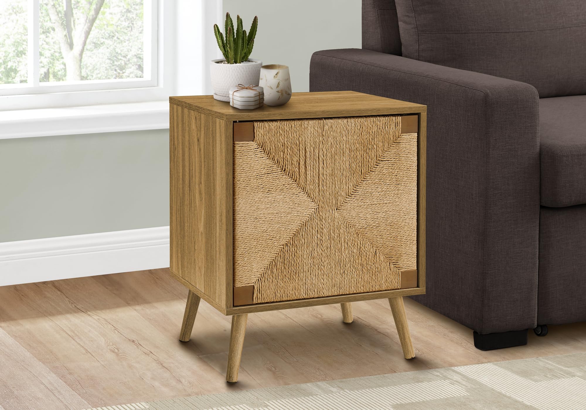Monarch Specialties I 2794 Accent Table, End, Light Walnut Laminate, Seagrass, Modern