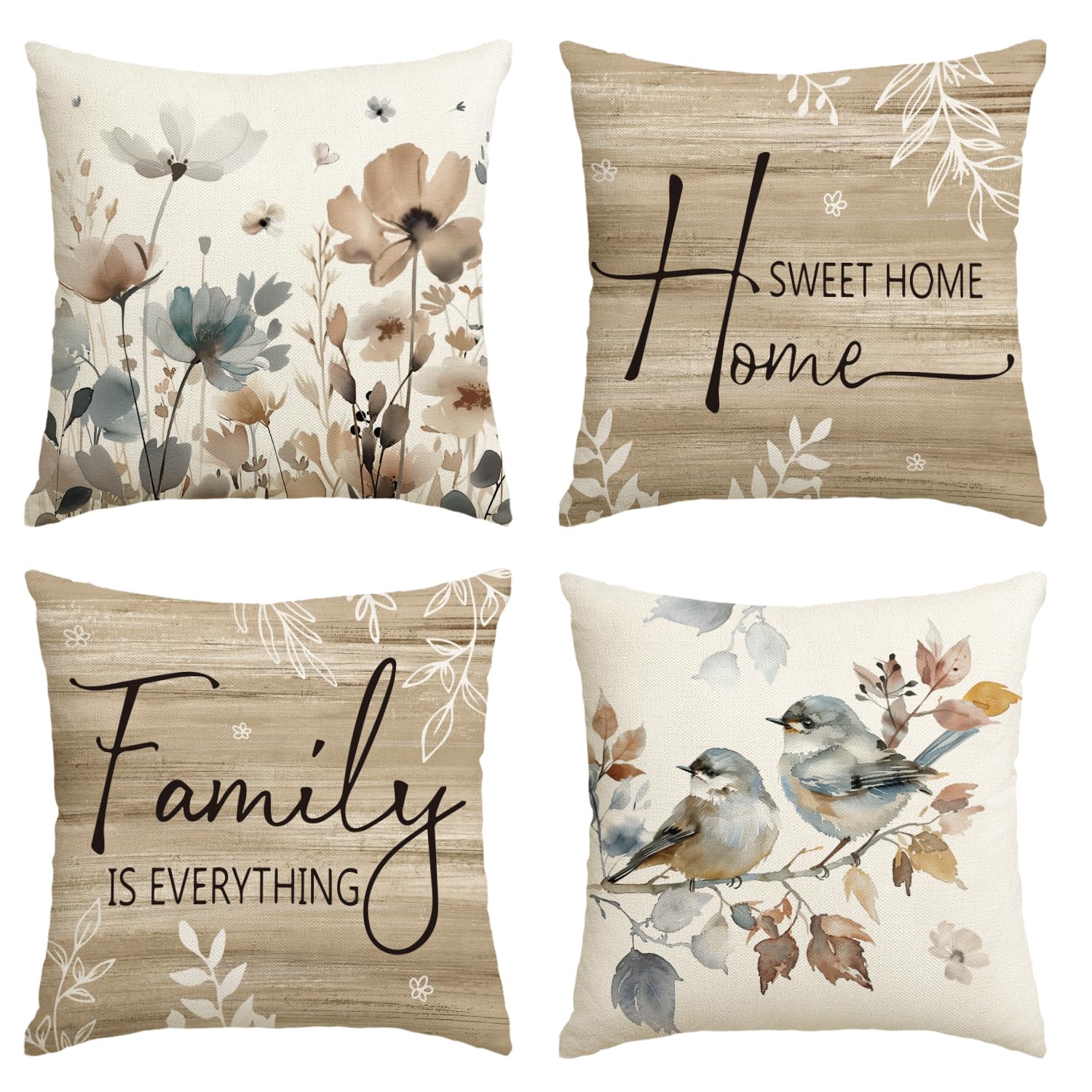 Avoin Colorlife Chinoiserie Poppy Flowers Chickadee Spring Home Sweet Home Throw Pillow Covers, 18 X 18 Inch Fall Autumn Family