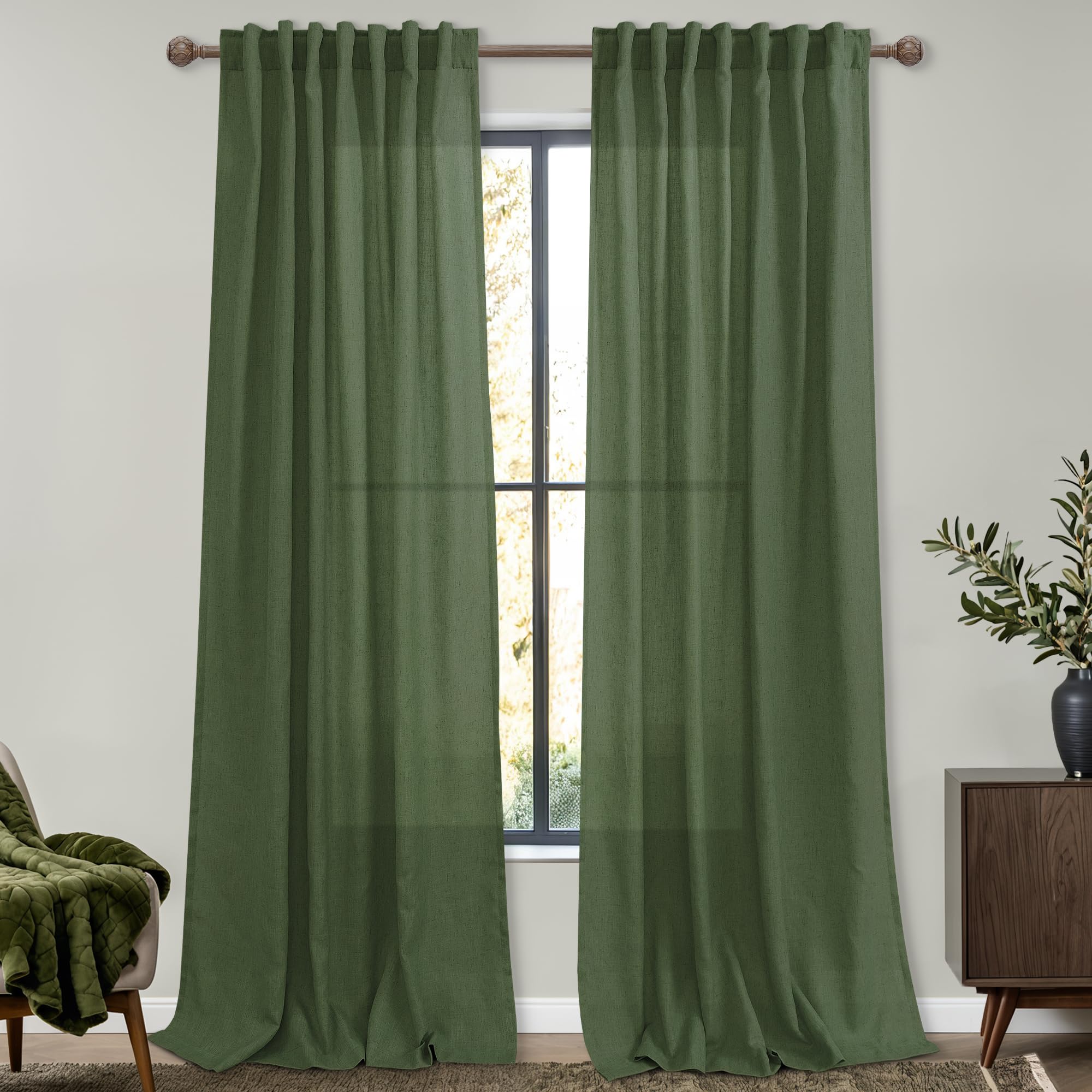 Mrs.Naturall Olive Green Linen Curtains 96 Inch Length For Living Room 2 Panels Set Back Tab Pocket Light Filtering Sheer Boho C