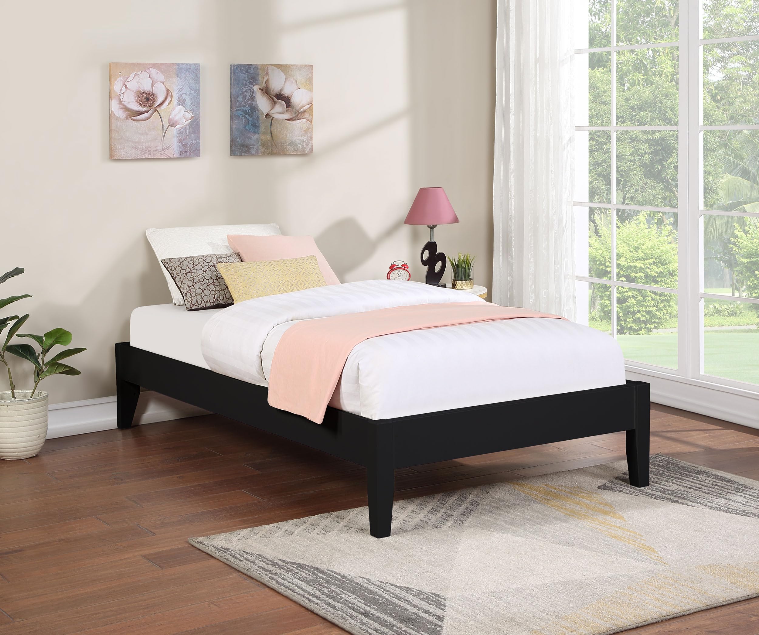 Coaster Home Furnishings Hounslow Contemporary Twin Size Pine Wood Platform Bed Frame Headboard Compatible Bed Base Black 306129T