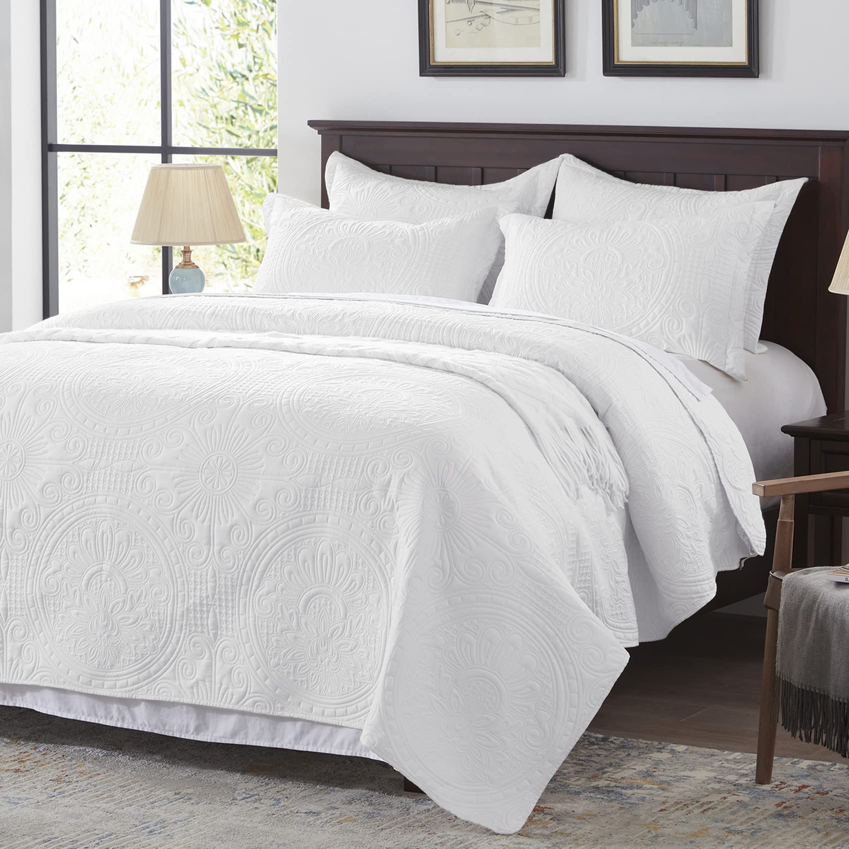 Anluoer Quilt King Size Bedding Set-White Embossed, Bedspreads-Lightweight All Season Soft Microfiber Bedspread, Bed Coverlet Fo