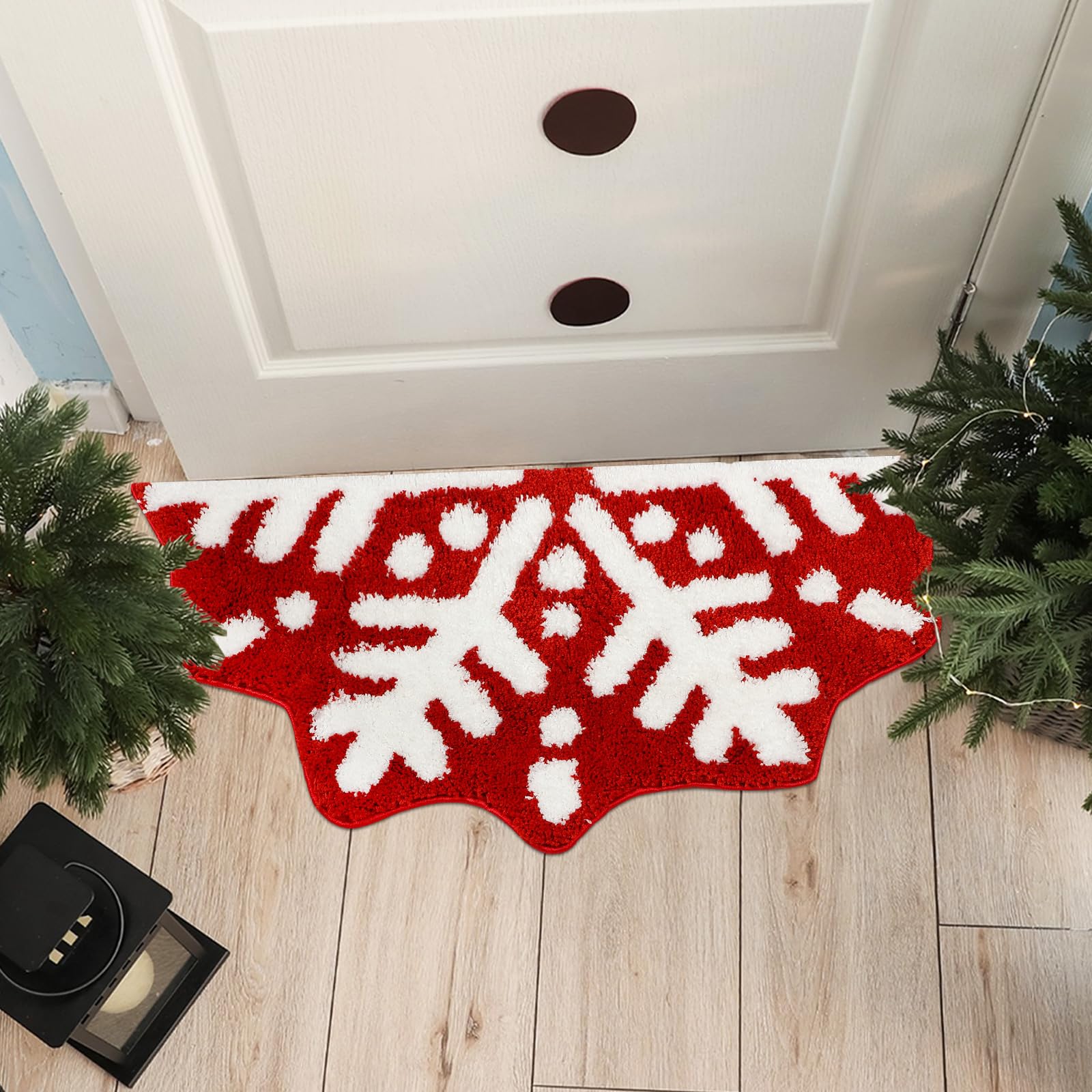Tinideya Red Winter Snowflake Bathroom Rugs Semi Circular Snowflake Bath Rug Non Slip Winter Snowflake Doormat Welcome Mat for B