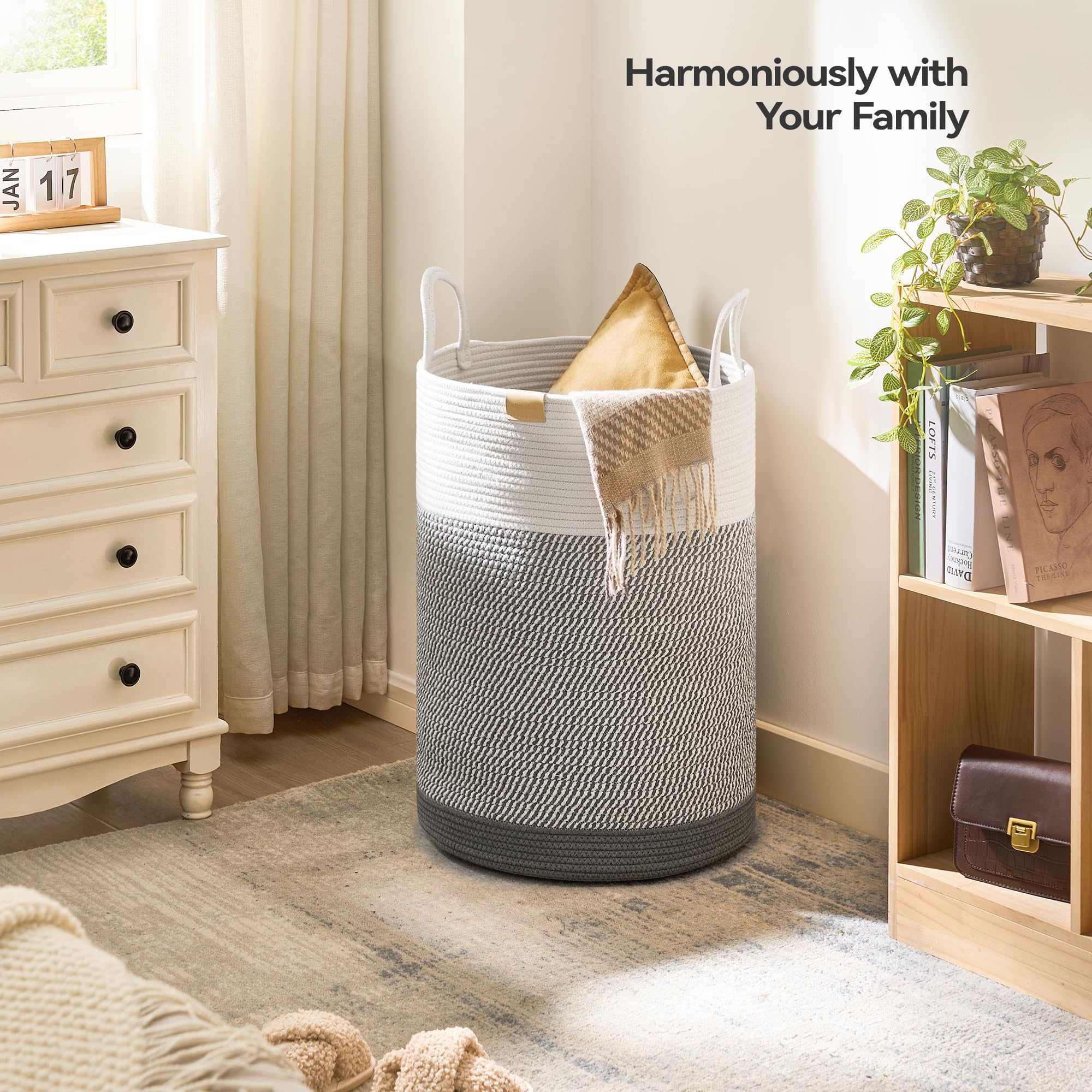 Nunsino 75L Laundry Hamper Basket,Baby Nursery Woven Storage Basket For Toys Bin,Pillows,Blankets,Clothes,Grey&White