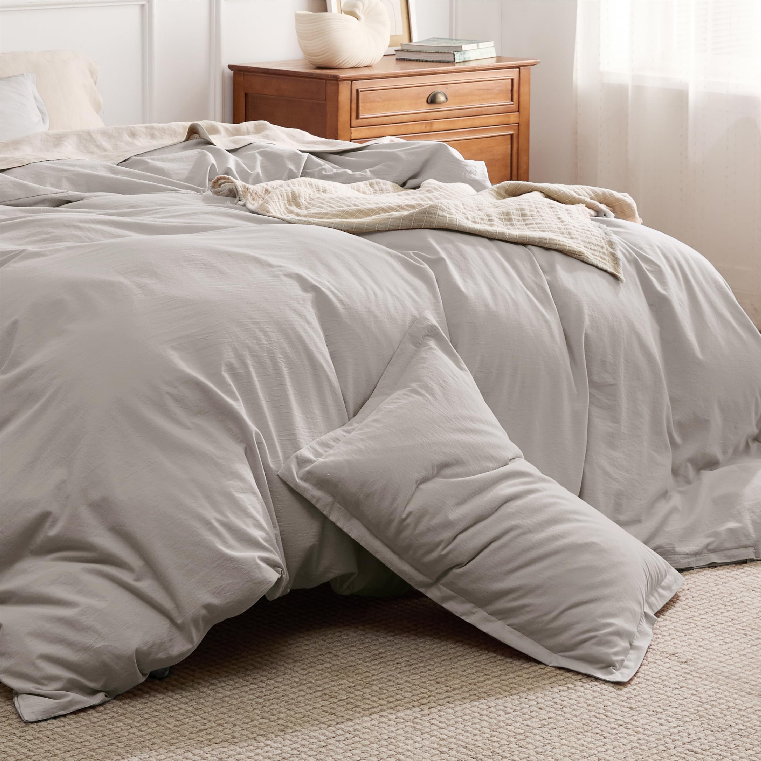 Bedsure 100% Stone Washed Cotton Duvet Cover Queen - Stone Color Minimalist Cotton Duvet Cover Set Linen Like - 3 Pieces Plain Simple Bedding Set With 2 Pillow Shams (Queen, 90'X90')