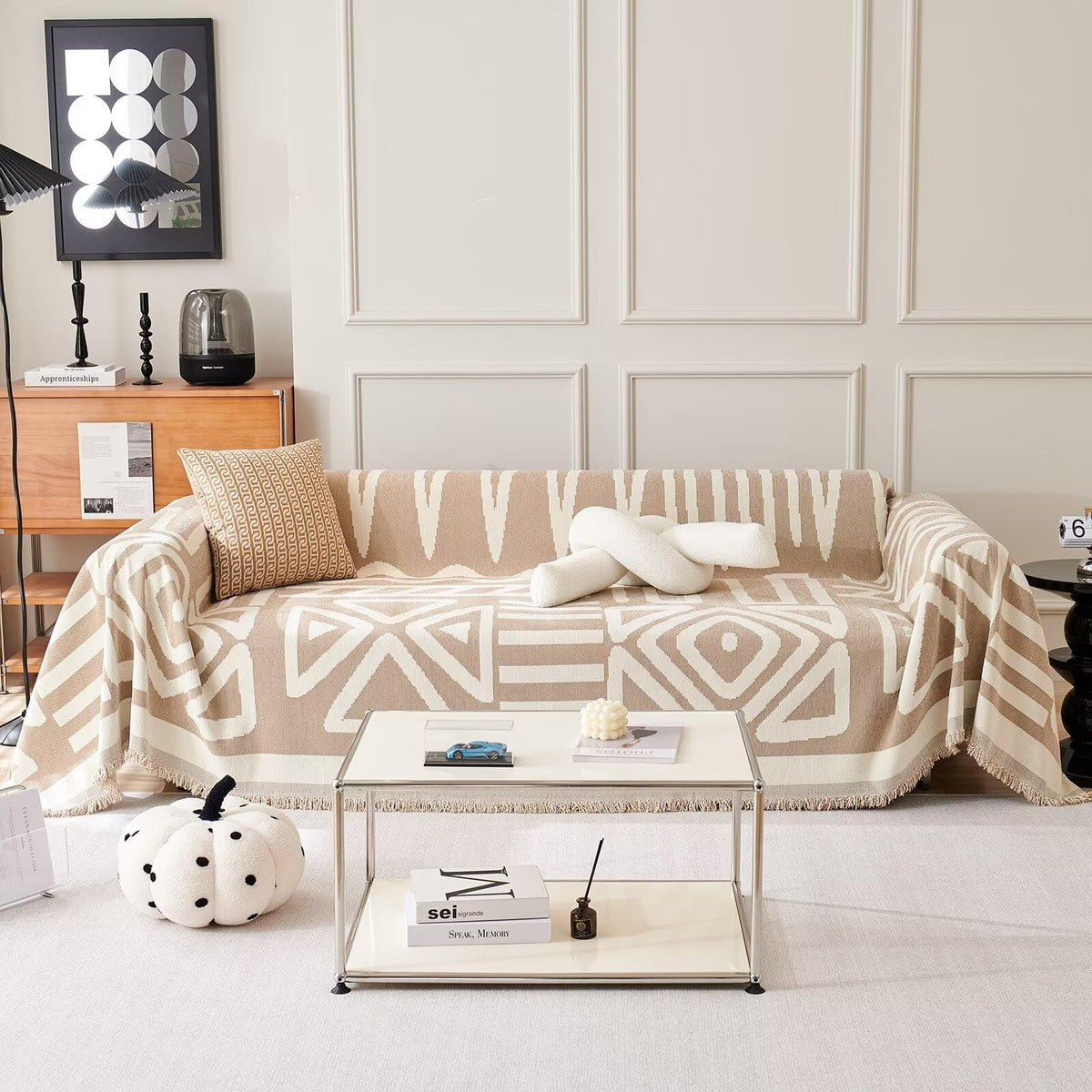Vclife Boho Chair Sofa Cover Breathable Washable Chenille Couch Cover Thick Beige Cream White Armchair Cover Modern Plaid Triang