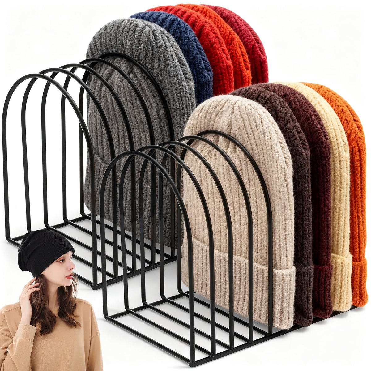 xozeooeu 2 Pcs Beanie Holder Organizer, Metal Heavy Duty Knitted Hat Storage Rack Display Stand Cap Holder for Closet, Bedroom, 