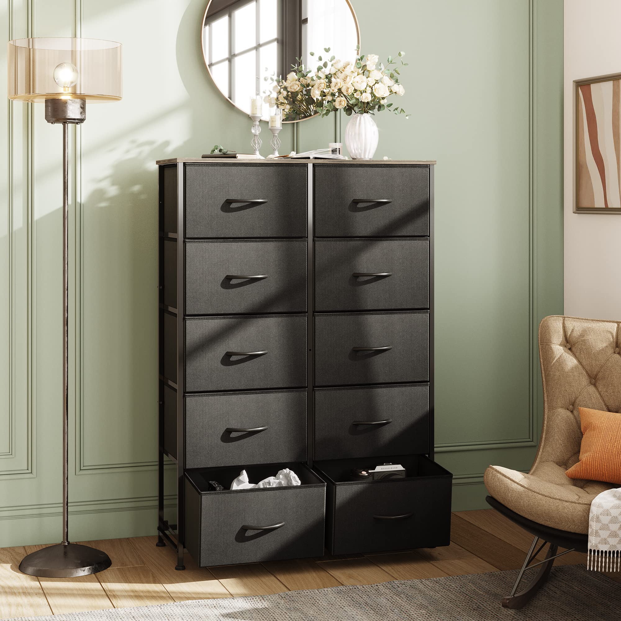 Wlive 10-Drawer Dresser, Fabric Storage Tower For Bedroom, Hallway, Nursery, Closets, Tall Chest Organizer Unit With Textured Print Fabric Bins, Steel Frame, Wood Top, Easy Pull Handle, Charcoal Black
