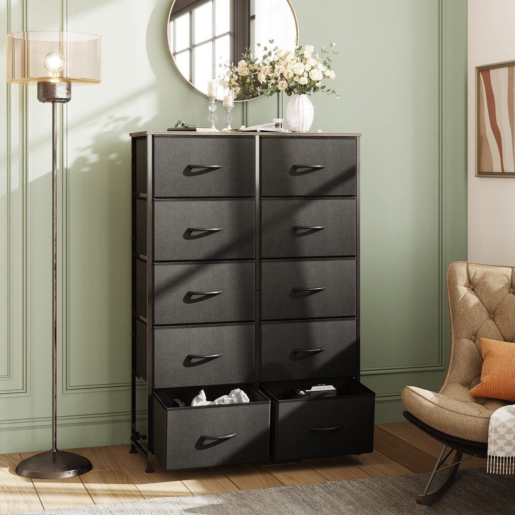 Wlive 10-Drawer Dresser, Fabric Storage Tower For Bedroom, Hallway, Nursery, Closets, Tall Chest Organizer Unit With Textured Print Fabric Bins, Steel Frame, Wood Top, Easy Pull Handle, Charcoal Black