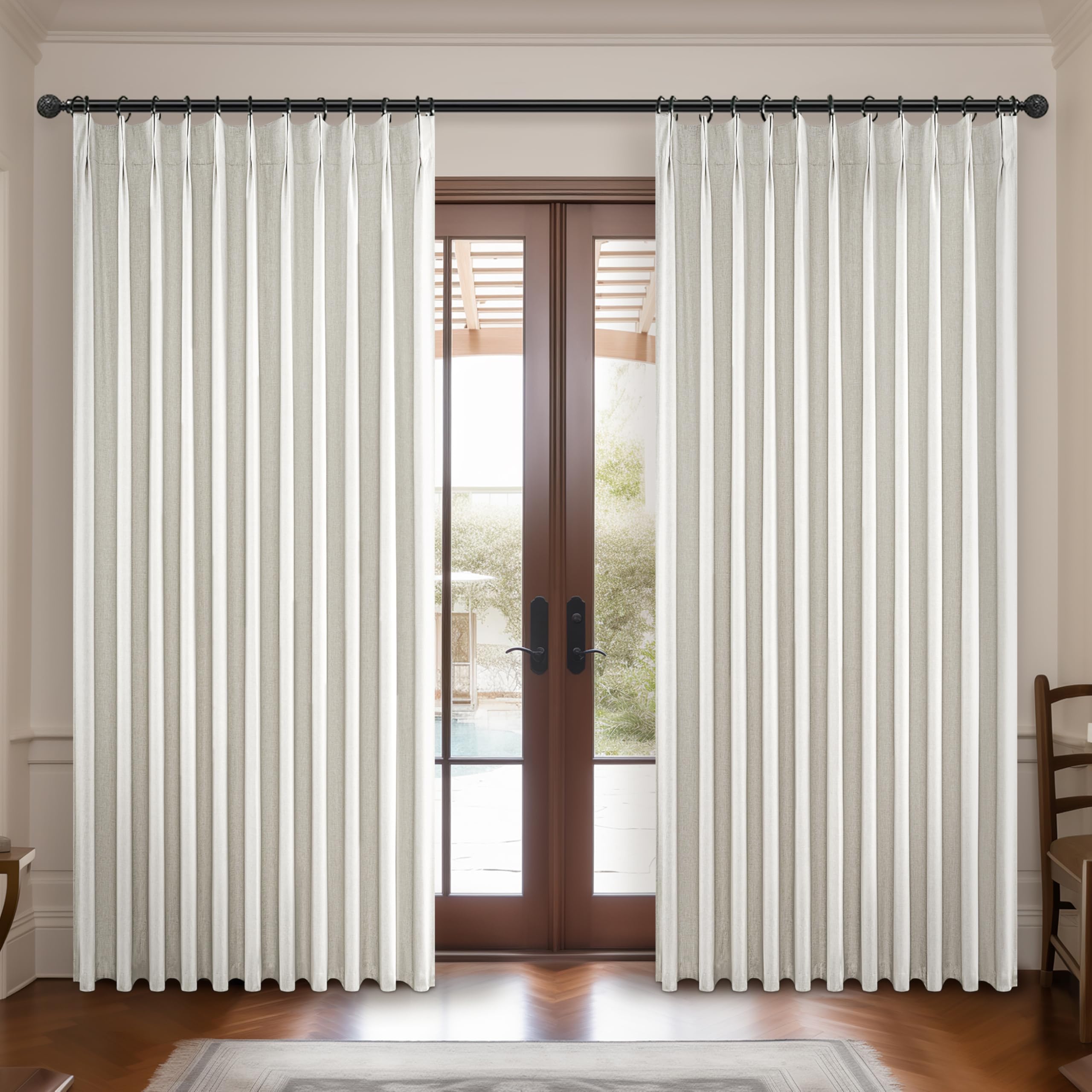 Birch 70 Inches Extra Wide 92 Inch Long Blackout Curtains 2 Panels Set, Pinch Pleated Thick Linen Rustic Drapes for Winter Therm