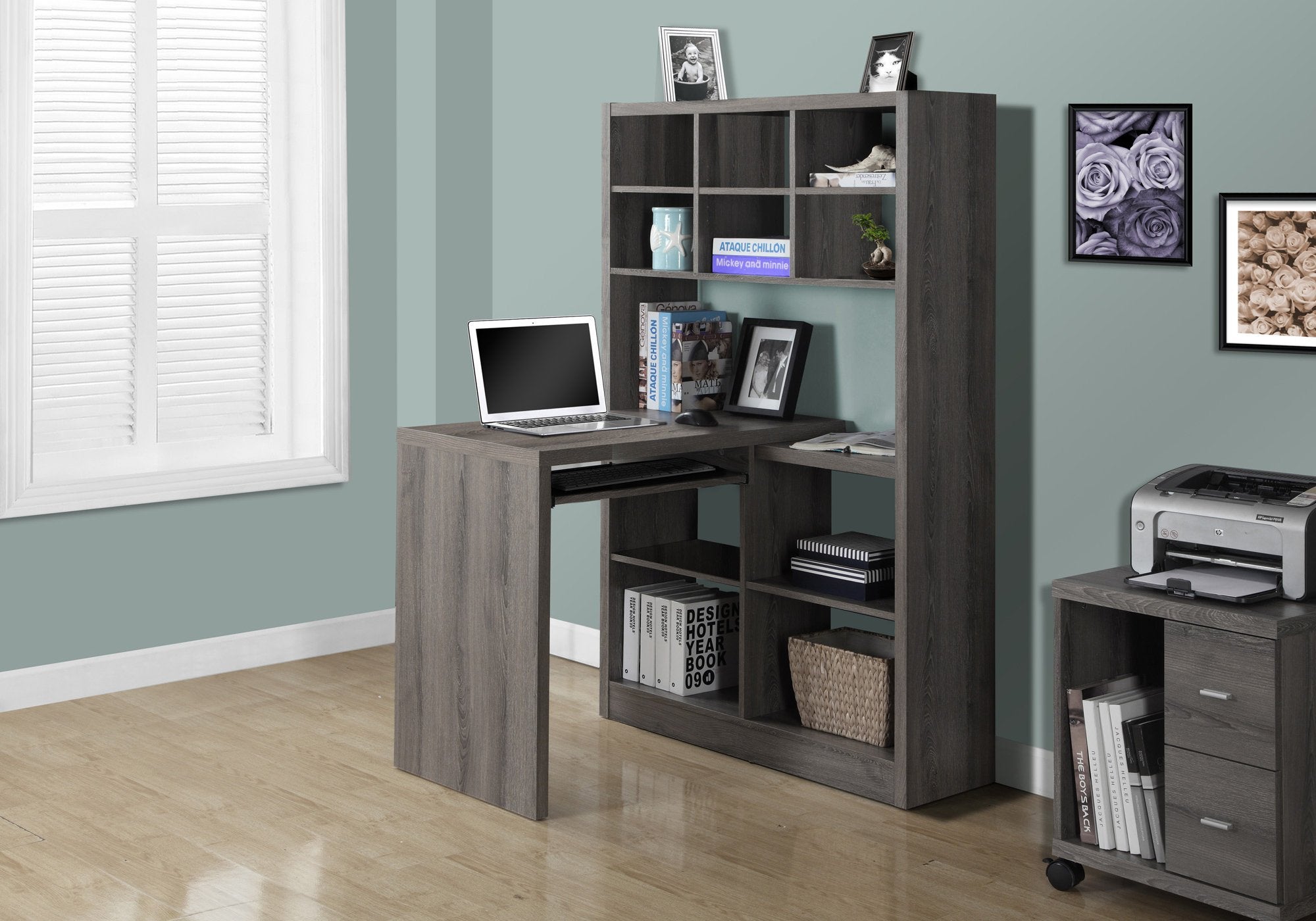 Monarch Specialties I Storage-Bookcase Left Or Right Set Up-Corner Desk with Multiple Adjustable Shelves, 60'L, Dark Taupe