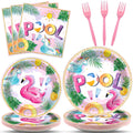96Pcs Pink Pool Party Plates and Napkins Summer Beach Birthday Party Supplies Ball Theme Flamingos Unicorns Dessert Plates Forks