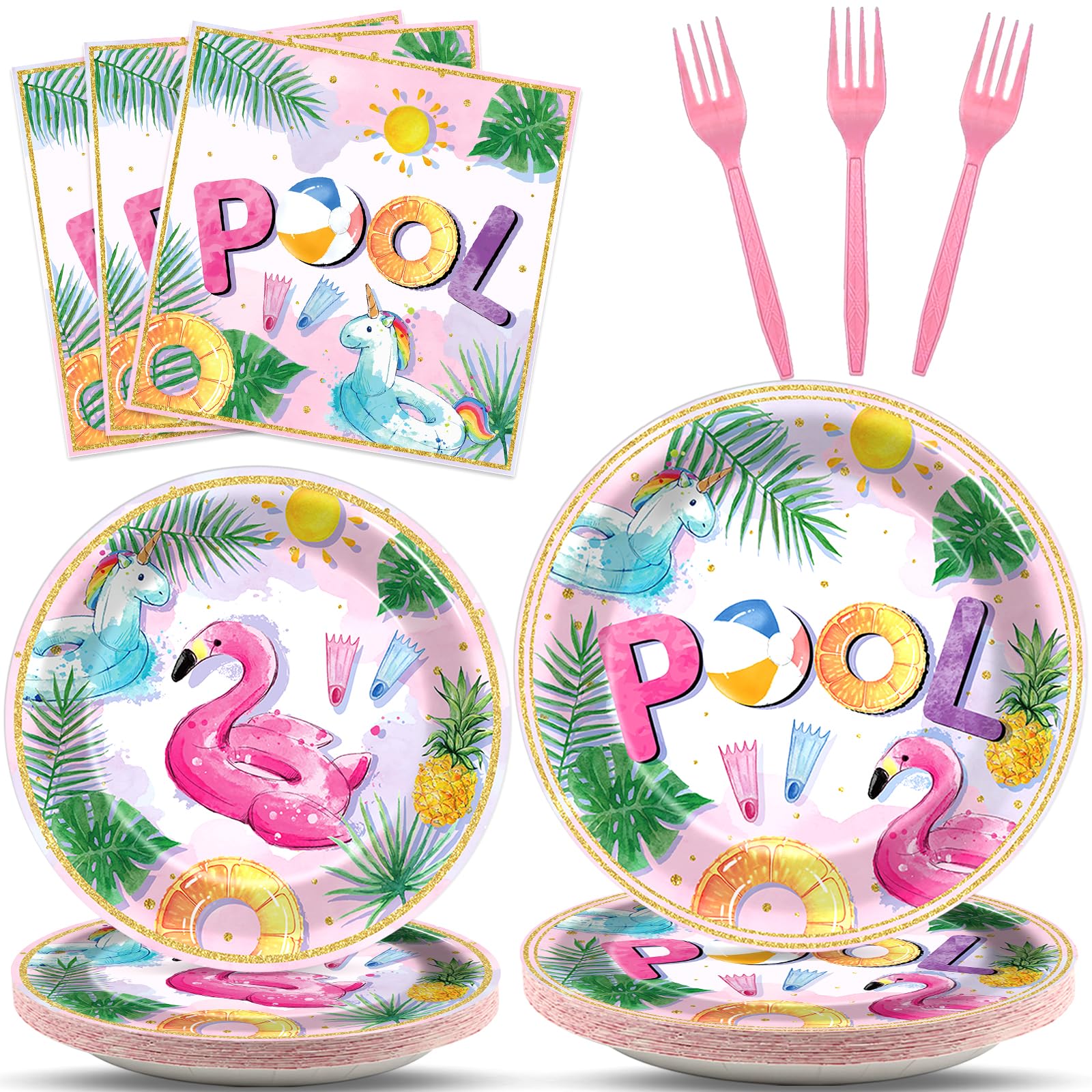 96Pcs Pink Pool Party Plates and Napkins Summer Beach Birthday Party Supplies Ball Theme Flamingos Unicorns Dessert Plates Forks