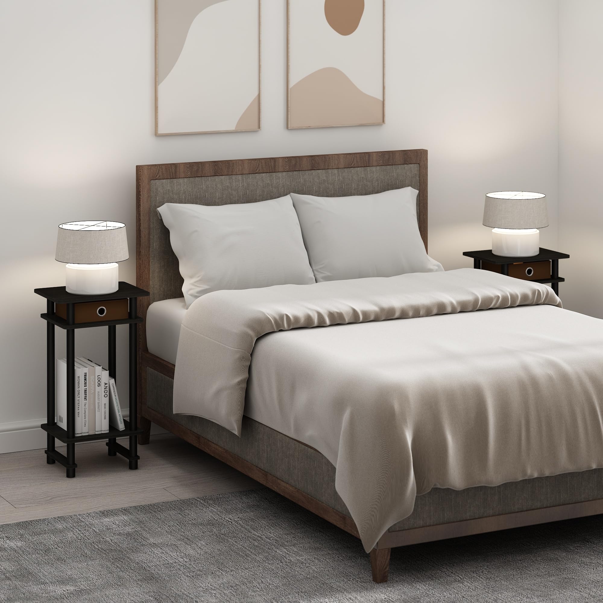 Furinno Turn-N-Tube Tall Nightstand With Bin, 2-Pack, Plastic Poles, Espresso/Brown
