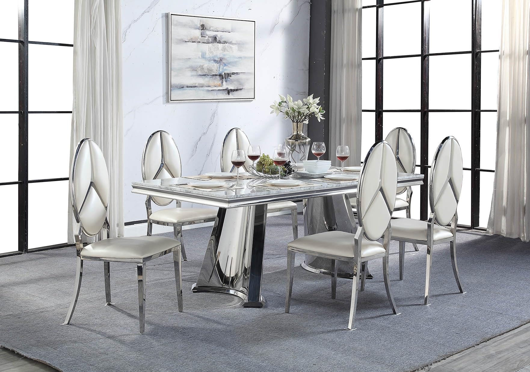 Acme Destry Dining Table in Faux Marble Top and Mirrored Silver