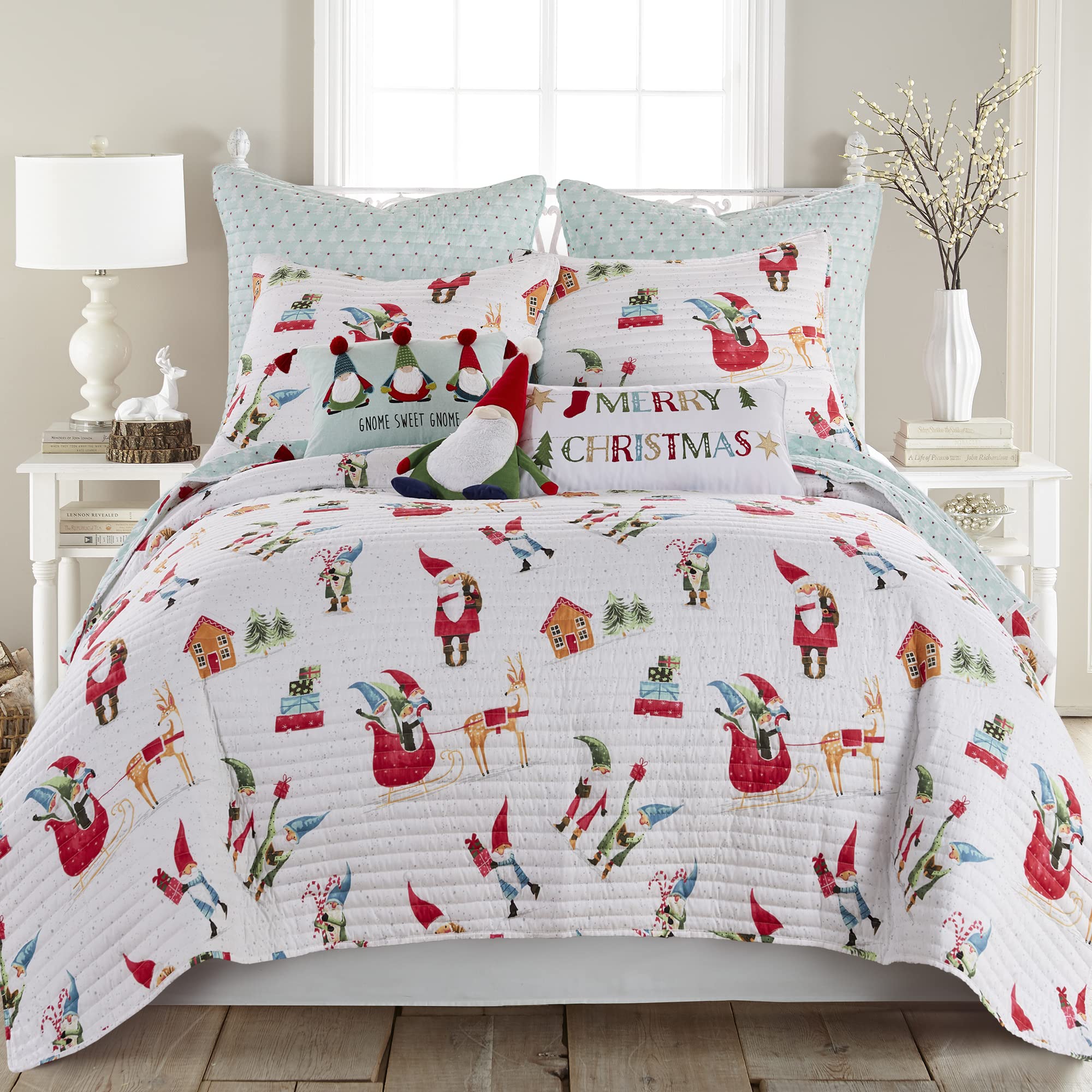 Levtex Home Merry & Bright Collecion - Gnome For The Holidays Quilt - King Holiday Quilt 102X86 - Christmas Gnomes - Red, Green