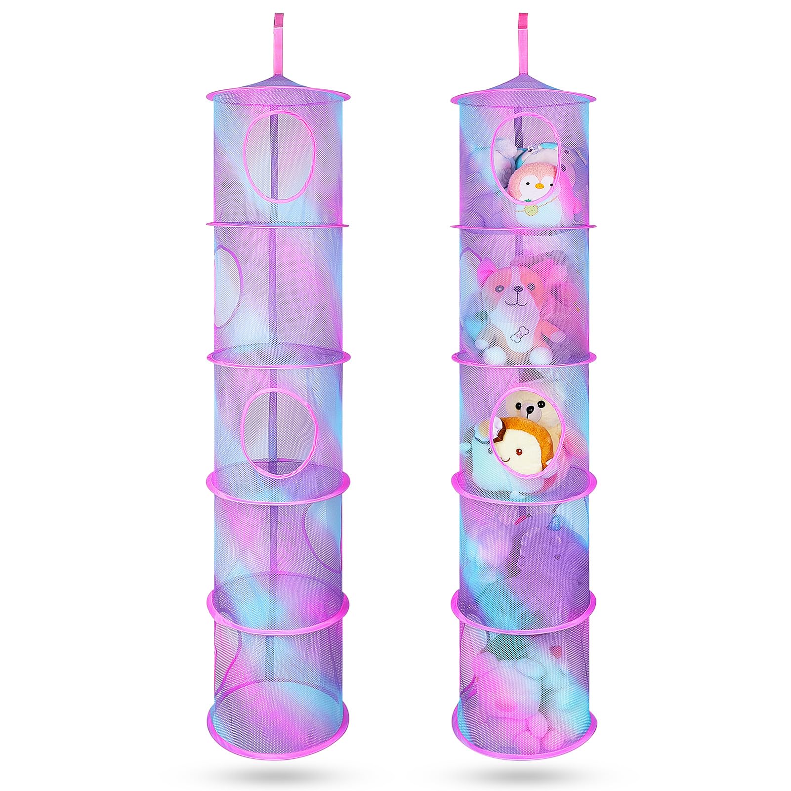 Basumee Stuffed Animals Net Or Hammock 2 Pcs Stuffed Animals Storage Toy Net Hammock For Stuffed Animals Organizer Mesh Hammock Kids Girls Room Decor, Blue And Purple, 5 Tiers