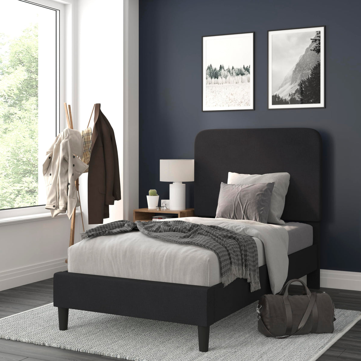 Flash Furniture Addison Platform Bed - Charcoal Fabric Upholstery - Twin - Headboard with Rounded Edges - Wood Slat Support - No Box Spring or Foundation Needed