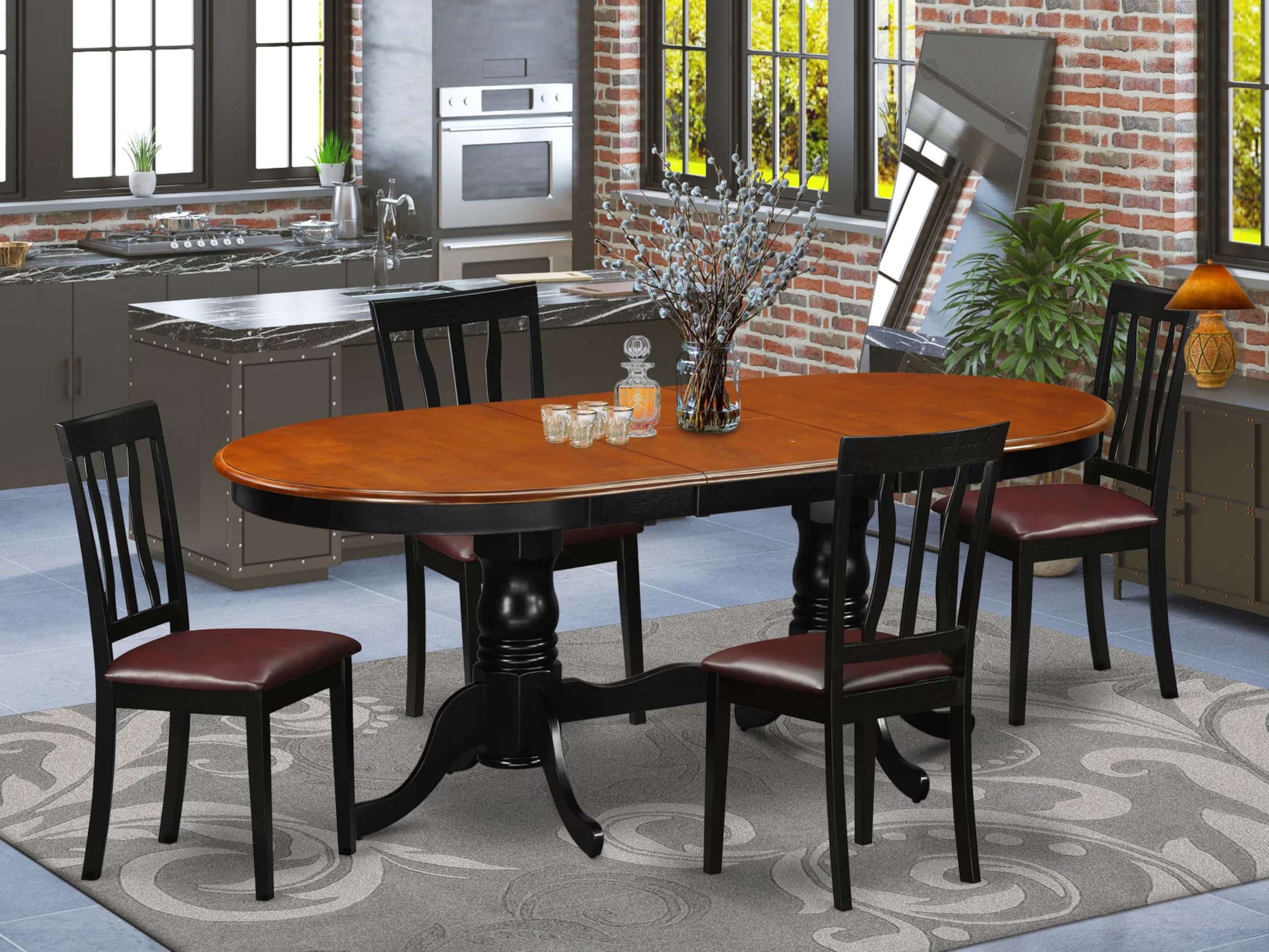 East West Furniture PLAN5-BCH-LC 5 Piece Dining Room Furniture Set Includes an Oval Kitchen Table with Butterfly Leaf and 4 Faux Leather Upholstered Dining Chairs, 42x78 Inch, Black & Cherry
