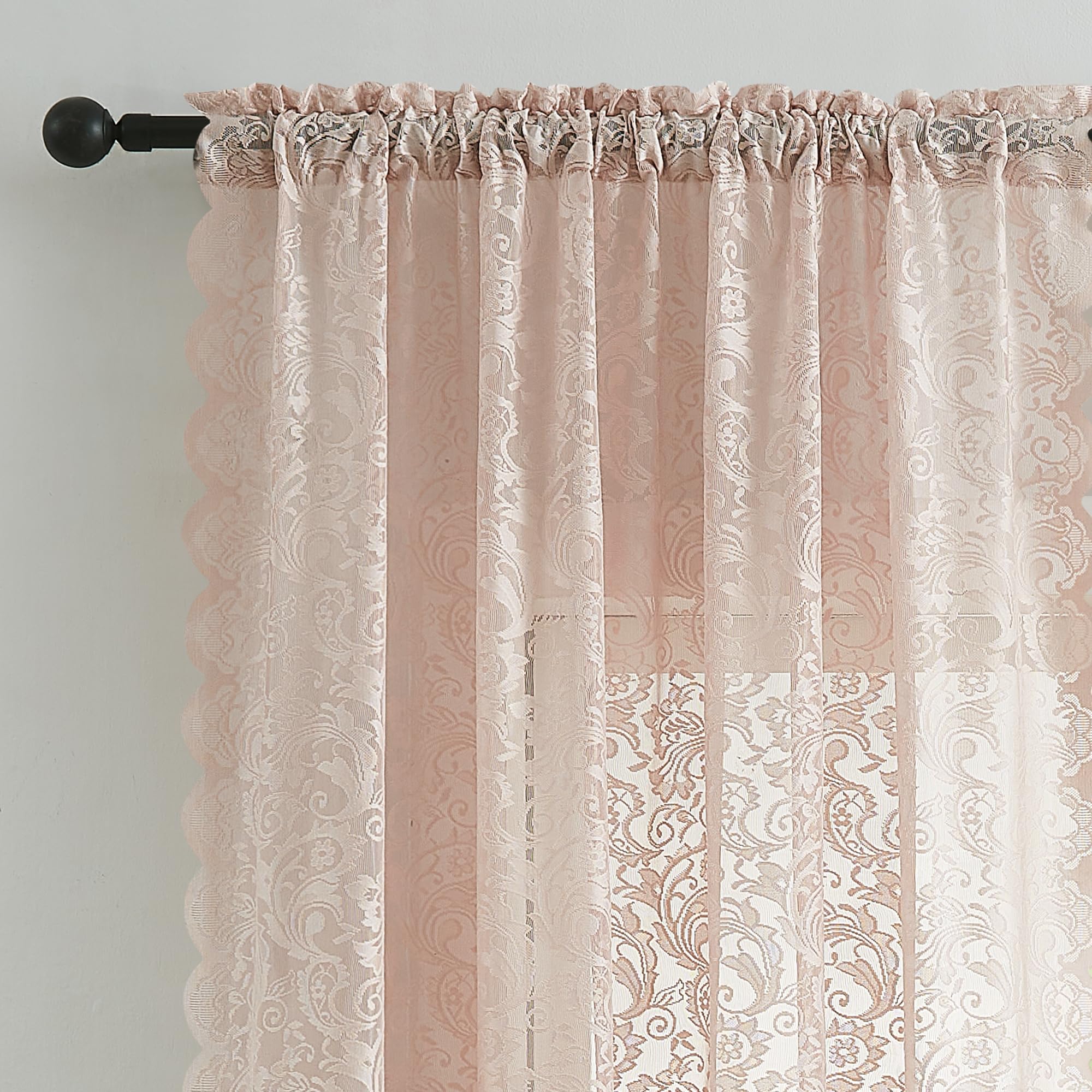 Bujasso Pink Lace Sheer Curtains 84 Inch Vintage Floral Sheer Window Curtain Panels For Living Room Girls Bedroom Romantic Light