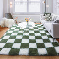KICMOR Area Rug 5x7 for Living Room, Soft Fluffy Olive Green and White Checkered Shag Rugs Shaggy Fuzzy Carpet for Bedroom, Indo