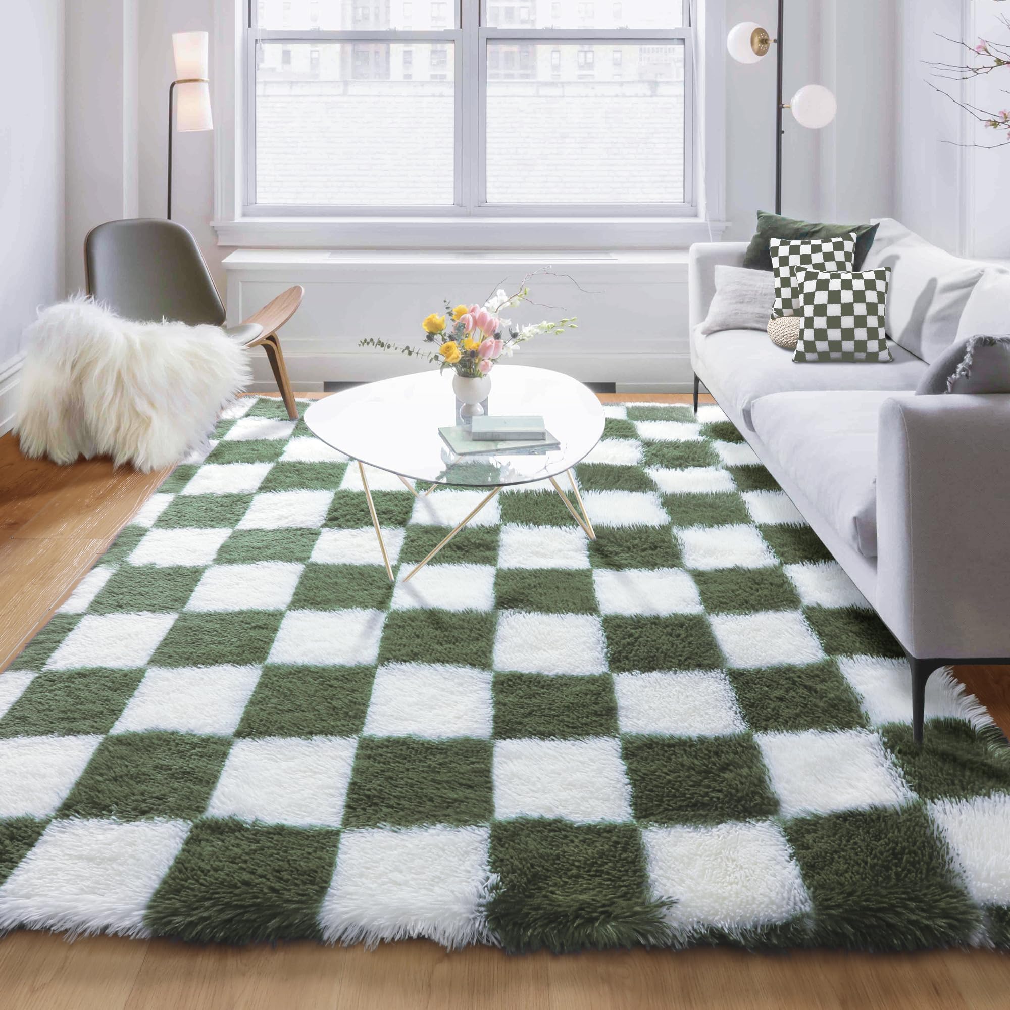 KICMOR Area Rug 5x7 for Living Room, Soft Fluffy Olive Green and White Checkered Shag Rugs Shaggy Fuzzy Carpet for Bedroom, Indo