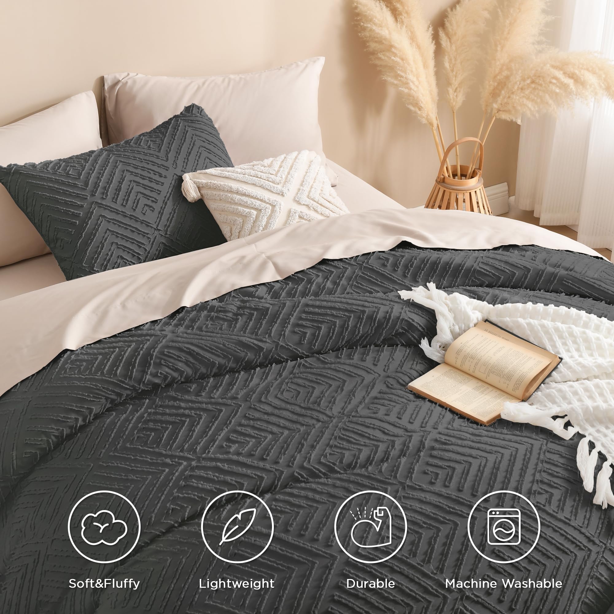 Andency Dark Grey Comforter Set King Size, 3 Pieces Gray Boho Bedding Set & Collections, Farmhouse Tufted Fluffy Bedding Comforter Sets For King Bed (1 Comforter 104X90In, 2 Pillowcases)