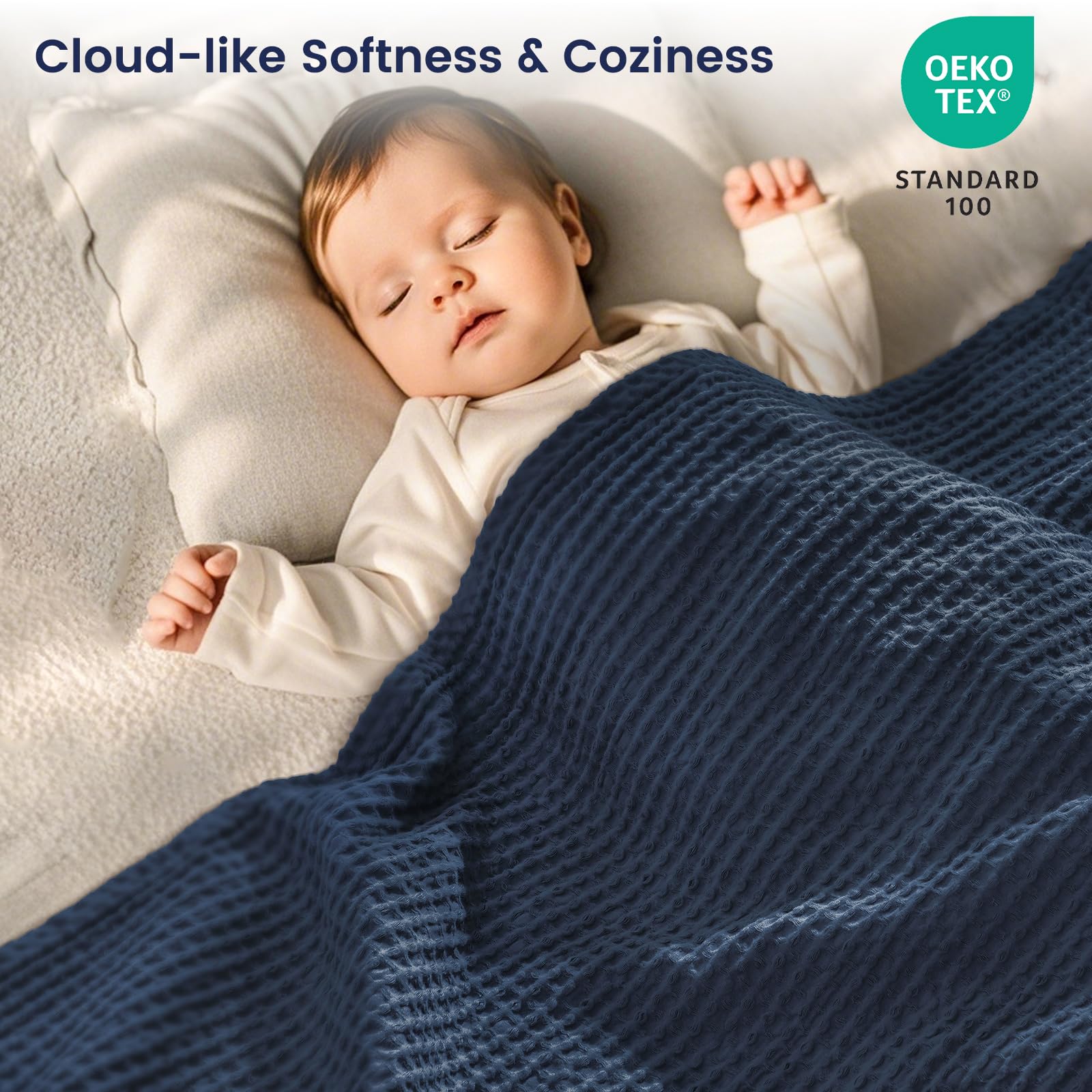 Phf 100% Cotton Waffle Weave Blanket Twin Size 66'X90'-Lightweight Washed Soft Breathable Blanket For All Season-Perfect Blanket Layer For Couch Bed Sofa -Elegant Home Decoration - Dark Navy