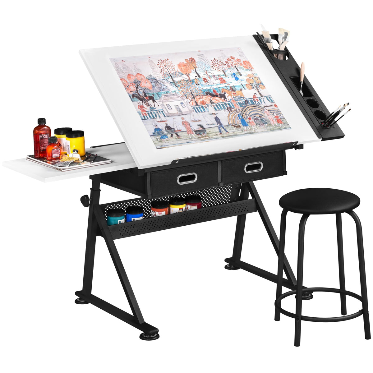 Yaheetech Height Adjustable White Art Desk for Adults, Tilting Tabletop Drafting Drawing Table with Extra Large Desktop and Draw