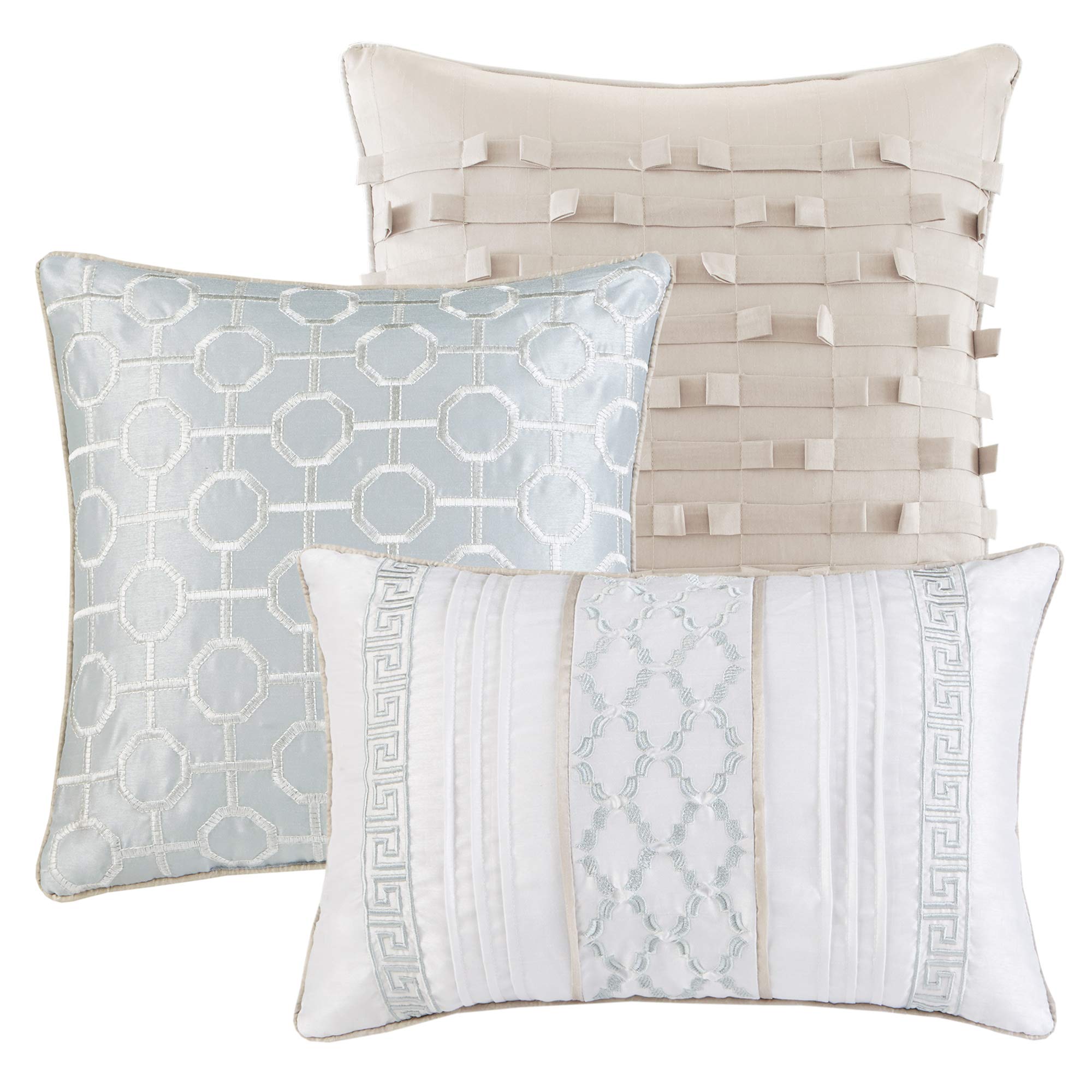 Madison Park Luxury Comforter Set-Traditional Jacquard Design All Season Down Alternative Bedding, Matching Bedskirt, Decorative Pillows, King(104'X92'), Bennett, Geometric Aqua 7 Piece