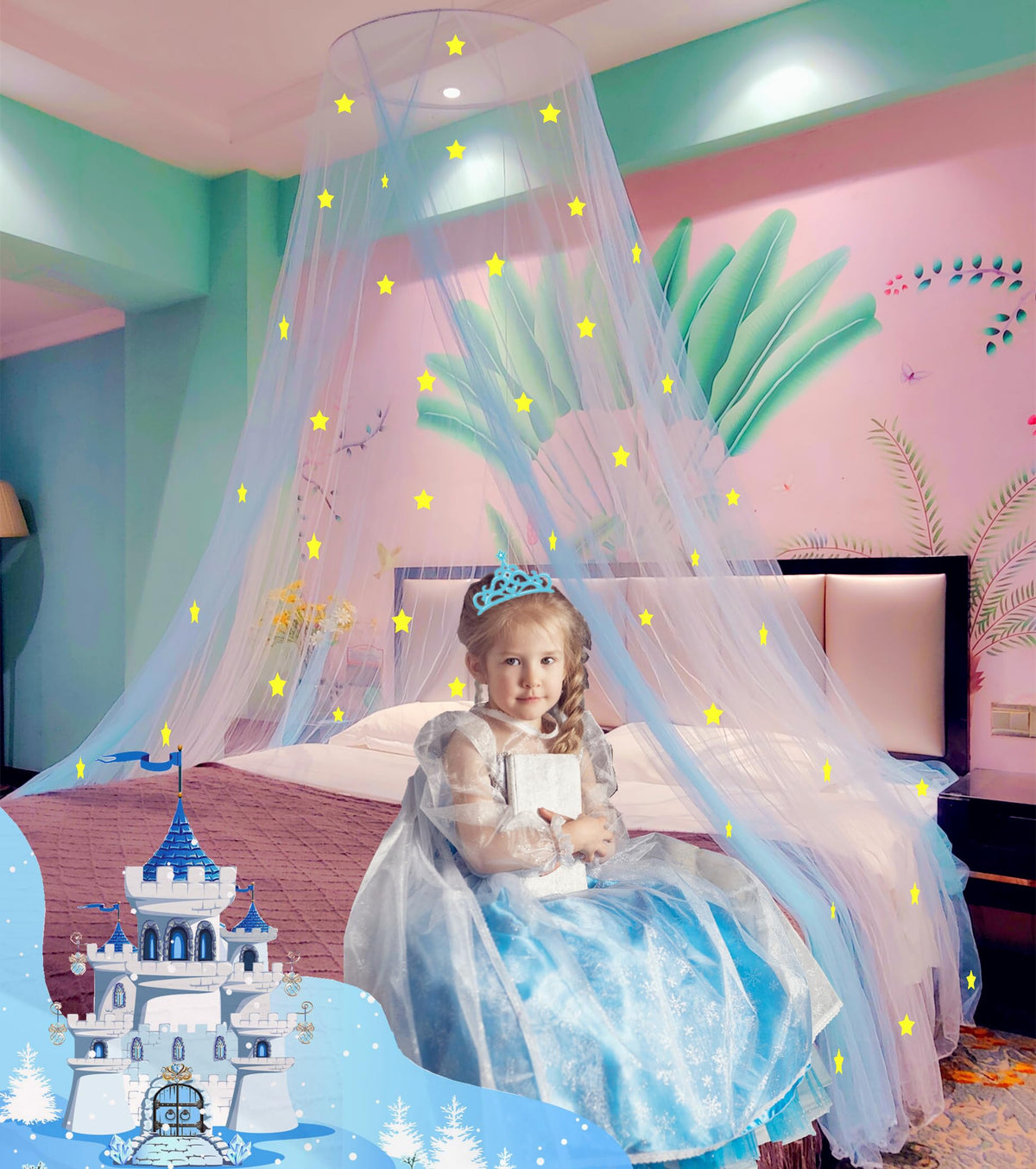 Eimilaly Two-Tone Bed Canopy Stars Glow In The Dark White Blue, Mosquito Net Bed Canopy For Girls Room Decor, Single Door