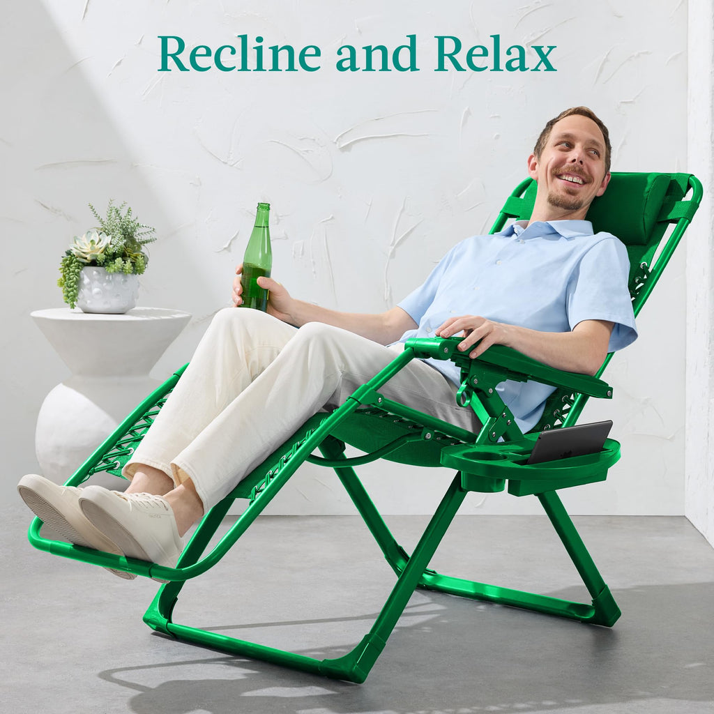 Best Choice Products Adjustable Zero Gravity Chair, Monochromatic Color Folding Patio Recliner W/Side Tray, Headrest - Basil