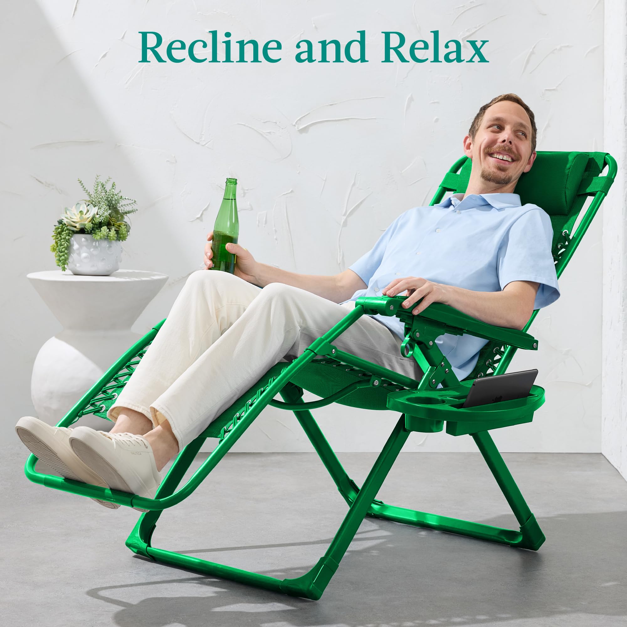 Best Choice Products Adjustable Zero Gravity Chair, Monochromatic Color Folding Patio Recliner W/Side Tray, Headrest - Basil