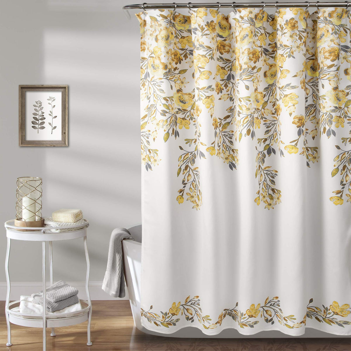 Lush Decor Tanisha Shower Curtain, 72' W X 72' L, Yellow & Gray - Golden Yellow Flower Vine Print - Beautiful & Elegant Floral