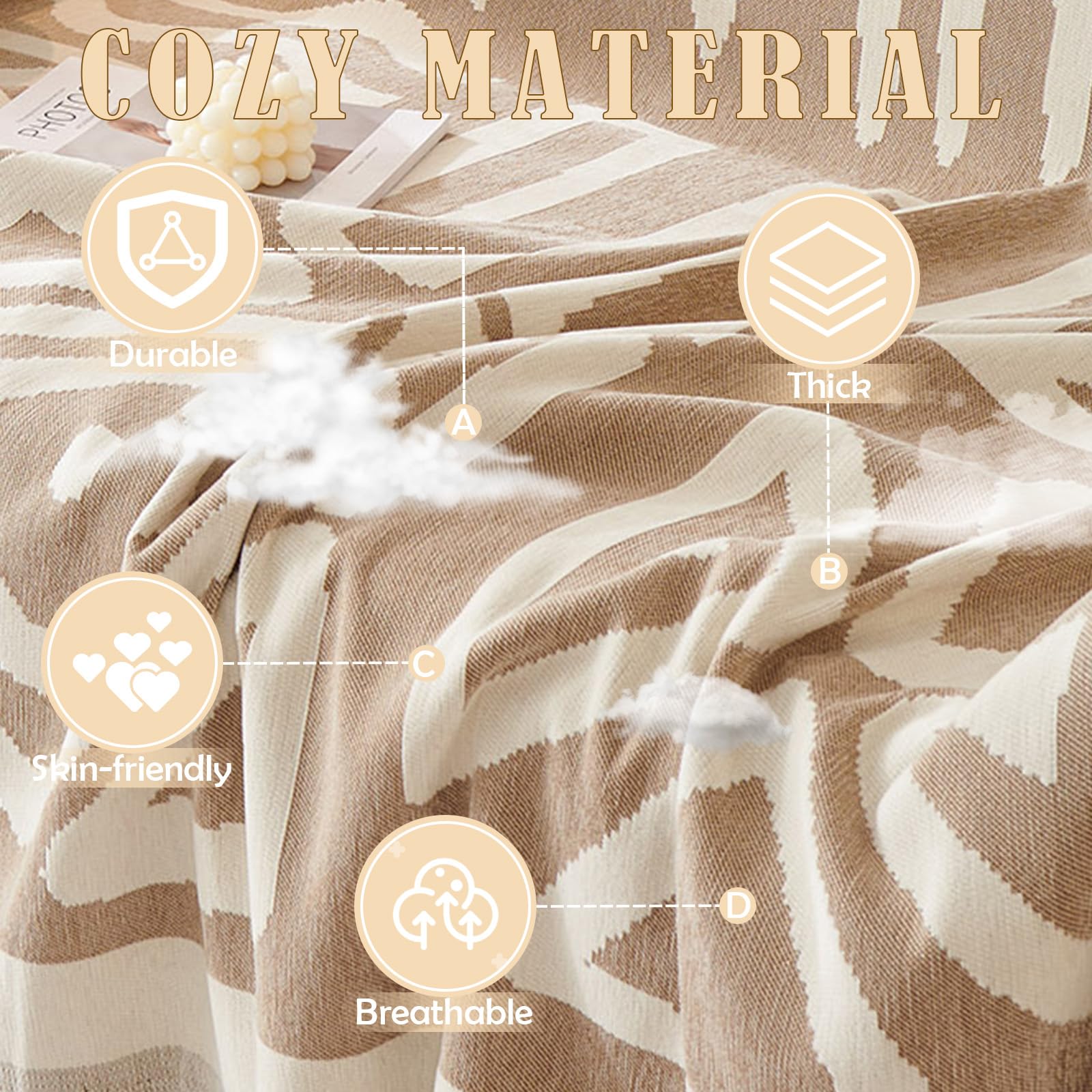 Handontime Sofa Covers For Sectional Sofa Set Boho Couch Cover For Dogs Khaki Throw Couch Cover With Tassel Loveseat Covers Futon Cover L Shaped Cover Washable Chenille Couch Protector, 71' X134'