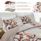 Drucon Khaki Floral Quilt Set Queen 3 Pieces Boho Flower Quilt Coverlet Set Soft Microfiber Lightweight Floral Quilted Bedspread